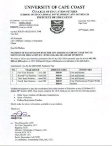 UCC Examination Fees for Affiliated Colleges of Education 2024/2025 Academic Year